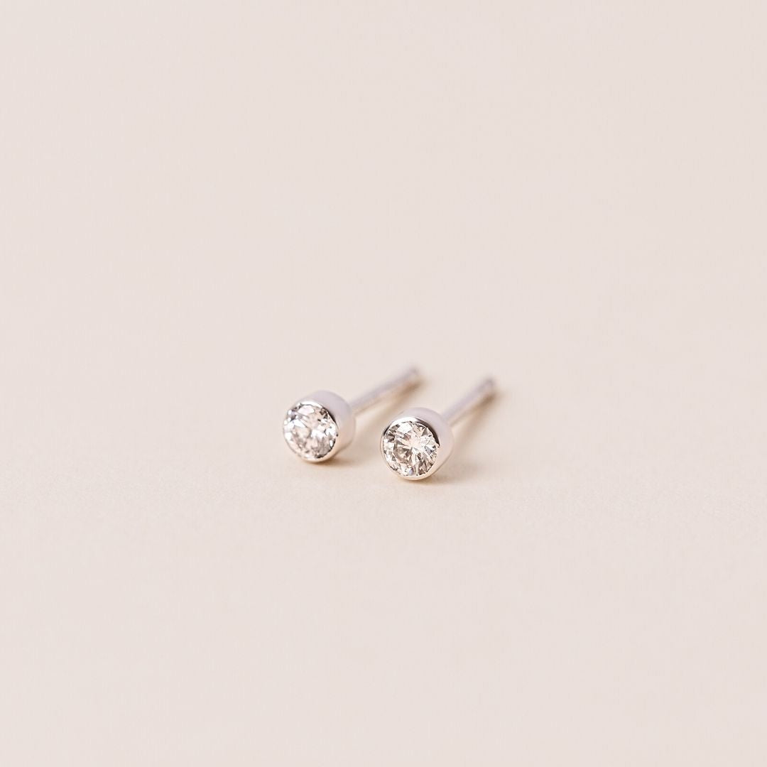 Leola Bezel Round Diamond Stud Earrings - 18 White Gold