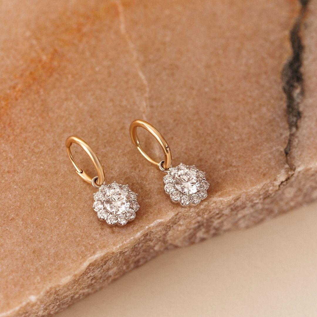 Rosette Diamond Earrings - 14ct Yellow Gold Hoops